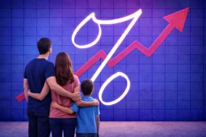 Family looking at a rising interest rate chart and percentage symbol, representing possible RBA rate rises in 2026.