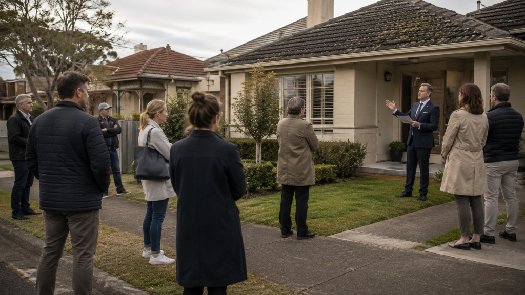 People standing outside a suburban house during an auction inspection, reflecting softer Australian property market conditions