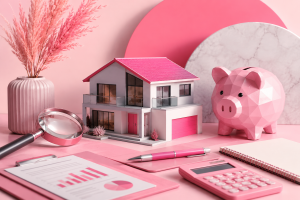 Pink themed illustration of a house, magnifying glass, calculator and property report representing a bank property valuation
