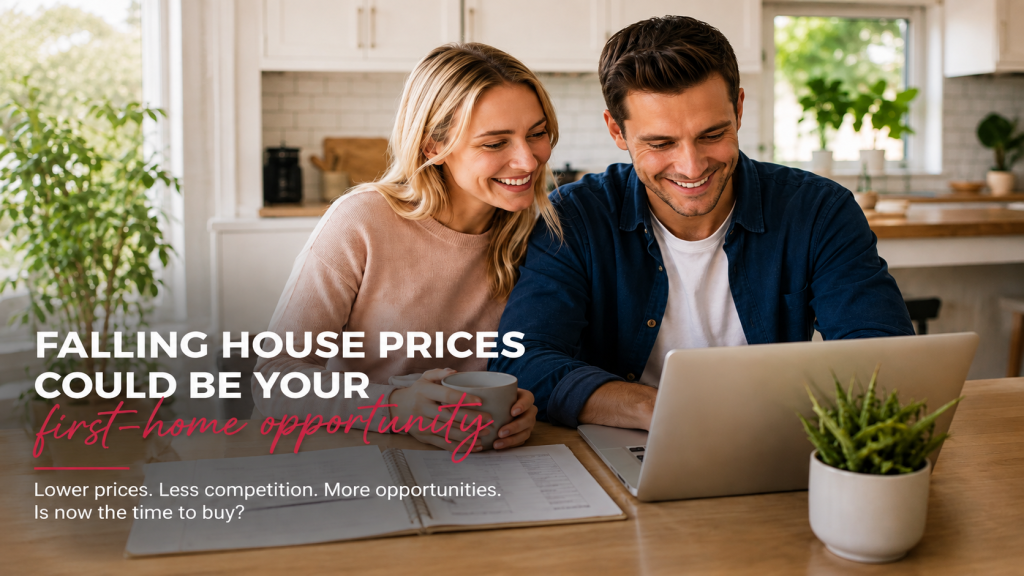 Happy first-home buyers researching property opportunities as falling house prices create buying opportunities in Australia