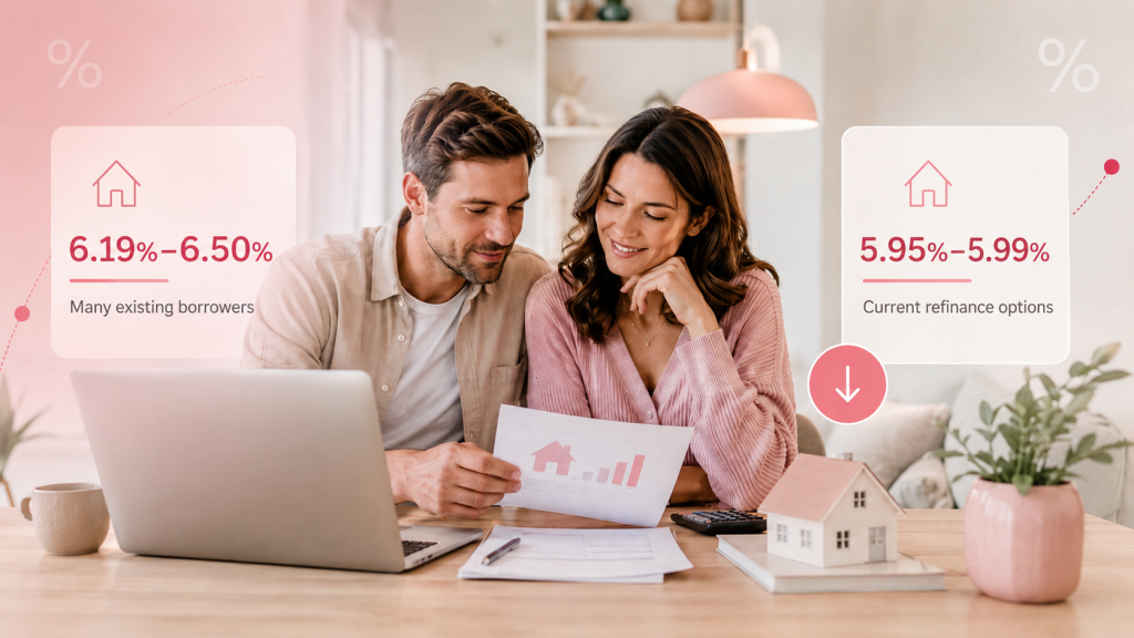 Australian homeowners comparing current home loan refinance rates with their existing mortgage rate