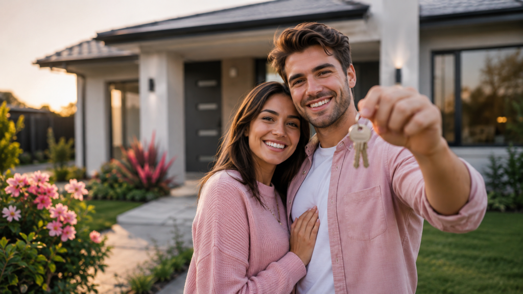 First home buyers holding house keys outside their new Australian home after using a low deposit home loan