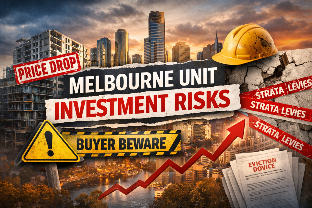 Melbourne skyline with apartment towers and warning graphics highlighting the risks of investing in Melbourne units