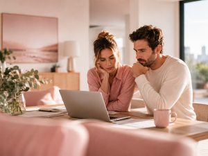 Couple reviewing their home loan at home after struggling to refinance