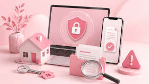 Pink themed illustration of a laptop, phone, house, secure documents and warning symbol representing mortgage scams in Australia