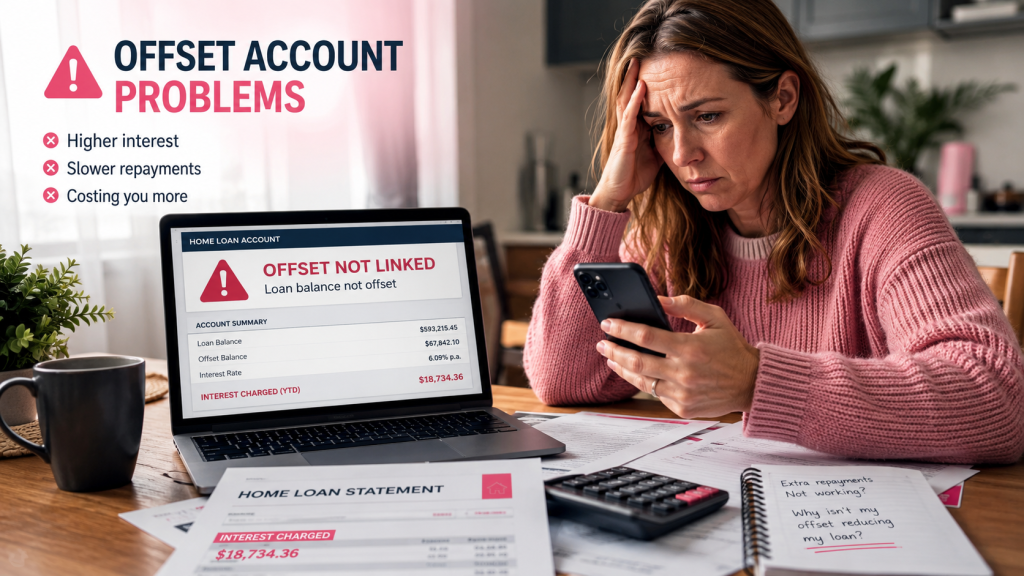 Worried homeowner checking whether an offset account is linked to their home loan