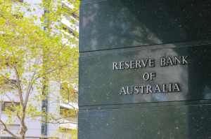 Reserve Bank of Australia building sign after the RBA rate hike (cash rate 3.85%)