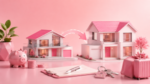 Pink themed illustration of two homes, keys, moving boxes and savings representing turning a current home into an investment property
