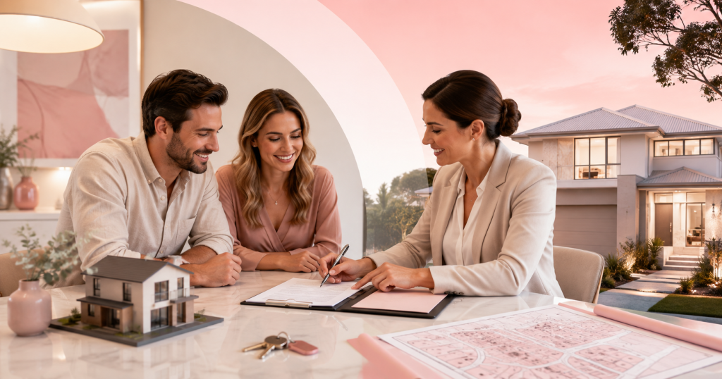 Conveyancer meeting with a home buyer couple in Australia to review property documents before settlement